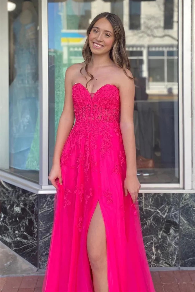 Vestido de festa comprido em corte A, sem alças, rosa choque, com aplicações florais, PSK495