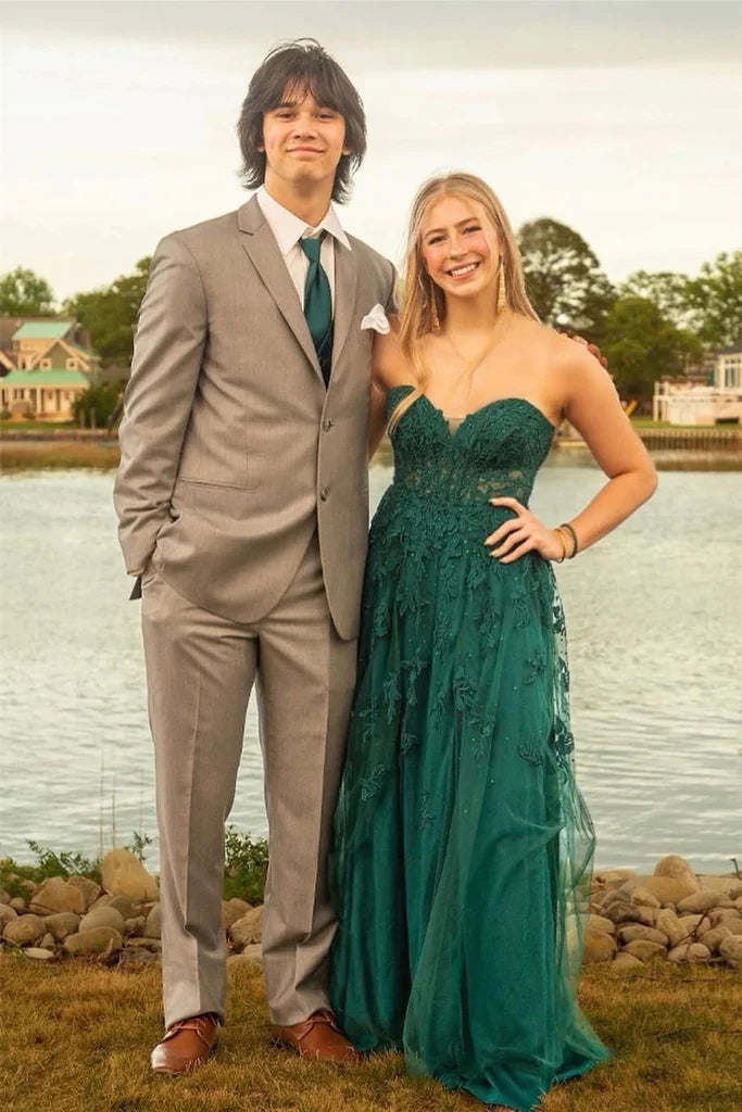 Vestido de festa comprido em corte A, sem alças, rosa choque, com aplicações florais, PSK495