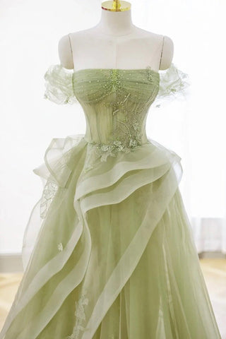 A-line Off Shoulder Green Prom Dress Formal Dress With Corset PSK710