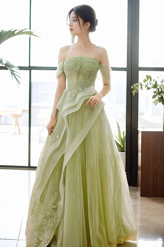 A-line Off Shoulder Green Prom Dress Formal Dress With Corset PSK710