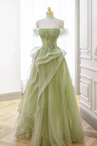A-line Off Shoulder Green Prom Dress Formal Dress With Corset PSK710