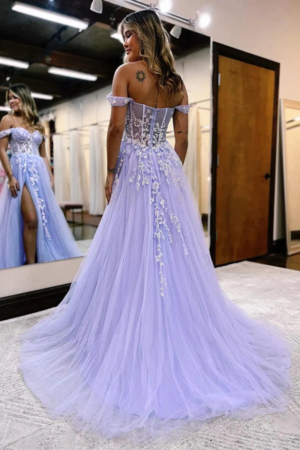 Vestido de festa em linha A com ombros à mostra e aplicações PSK519