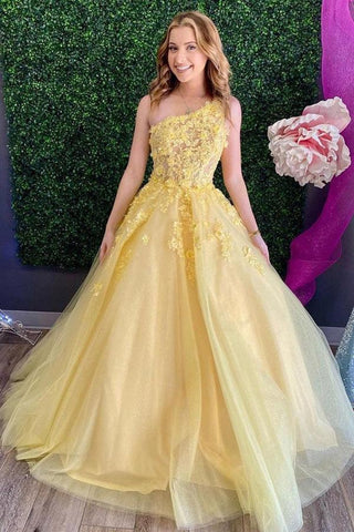 A-line One Shoulder Tulle Sleeveless Yellow Long Prom Dress PSK292