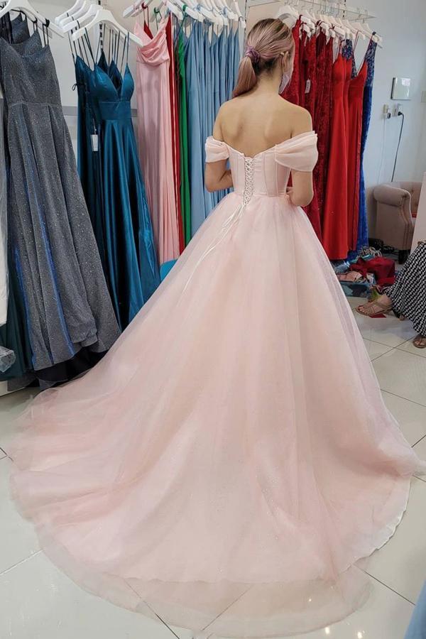 Vestido de festa comprido em tule rosa com decote em A e ombro descoberto PSK258