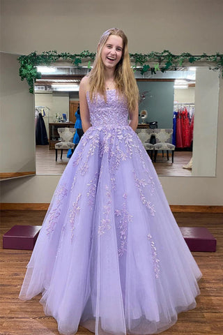 A-line Round Neck Tulle Lilac Long Prom Dress Party Dress PSK666