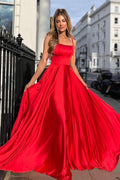 Vestido de noche largo rojo de satén con escote en pico y corte en A para baile de graduación PSK356