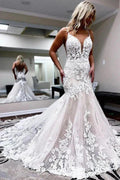 A-line Spaghetti Straps Mermaid Wedding Dress With Lace Appliques WD693 by pgmdress