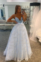 Vestidos de baile com decote em V brilhante e alças finas, corte A, vestidos de cerimónia PSK263