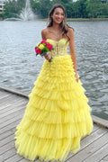 Vestido Largo de Fiesta Amarillo con Capas y Corte en A Sin Tirantes PSK621