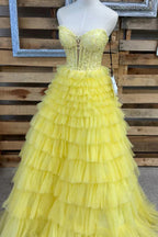 Vestido de festa comprido amarelo sem alças, corte A, em camadas, PSK621