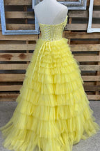 Vestido de festa comprido amarelo sem alças, corte A, em camadas, PSK621