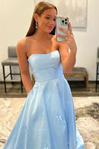 A-line Strapless Sky Blue Floral Long Prom Dresses Formal Dresses PSK302
