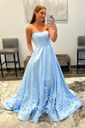Vestidos Largos de Gala Sin Tirantes en Azul Celeste con Estampado Floral en Línea A PSK302