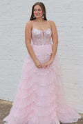 Robe de bal rose à dentelle et paillettes, encolure plongeante et bretelles en A, référence PSK484
