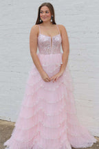 A-line Straps Plunging Neck Sequin Lace Pink Prom Dresses PSK484