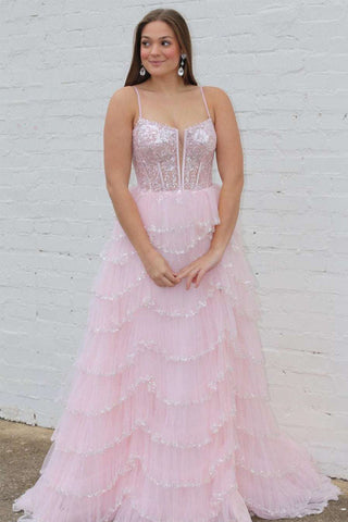 A-line Straps Plunging Neck Sequin Lace Pink Prom Dresses PSK484