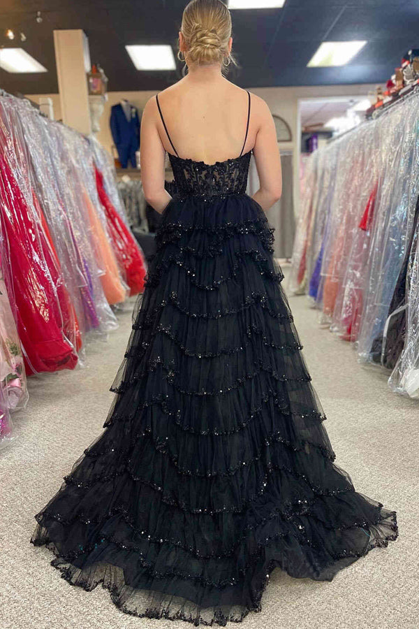 Vestidos de festa rosa com alças, decote profundo e lantejoulas, linha A PSK484