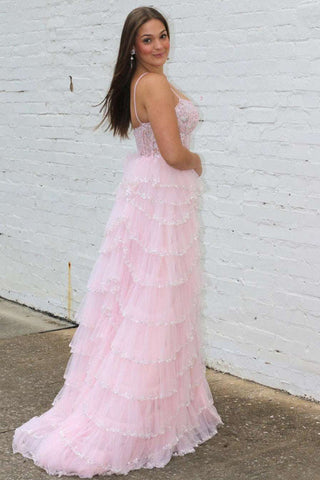A-line Straps Plunging Neck Sequin Lace Pink Prom Dresses PSK484