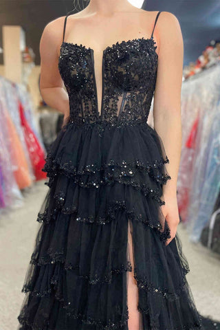 A-line Straps Plunging Neck Sequin Lace Pink Prom Dresses PSK484