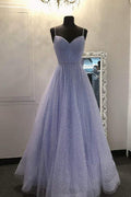 Robe de bal formelle à ligne A, bretelles, encolure en V, tulle lilas scintillant PSK250