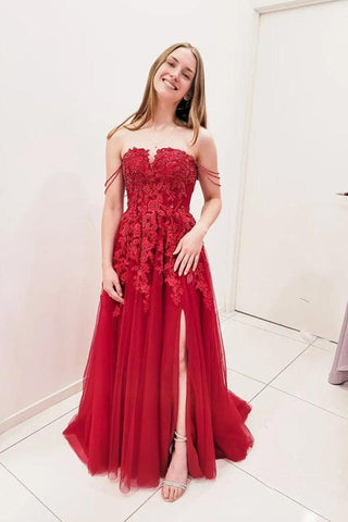 A-line Sweep Train Burgundy Prom Dress With Beaded Sequins PSK295