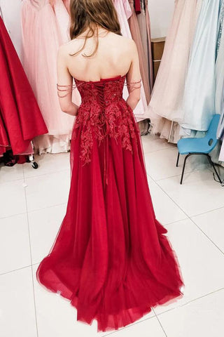 A-line Sweep Train Burgundy Prom Dress With Beaded Sequins PSK295