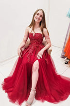 A-line Sweep Train Burgundy Prom Dress With Beaded Sequins PSK295