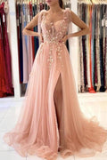 Robe de soirée fendue à ligne A en tulle floral à dentelle rose pour bal de promo  PSK279