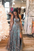 Vestido de noche de baile de graduación con tiras de tul, lentejuelas y encaje en línea A PSK298