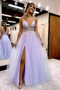 Robe de bal en tulle à encolure en V, bretelles spaghetti, fente et coupe A PSK523