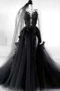 Robe de soirée longue noire à encolure en V et coupe A, motif floral, PSK431