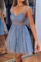 A-line V Neck Mini Tulle Homecoming Dress with Beading Sequins PD499