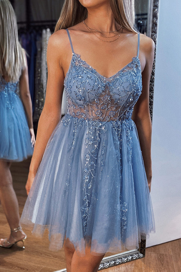 A-line V Neck Mini Tulle Homecoming Dress with Beading Sequins PD499