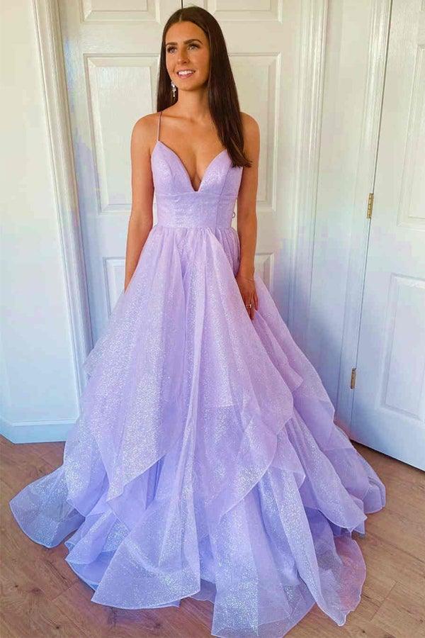 Vestido de festa princesa com decote em V, corte A, cor lavanda, em camadas, tule brilhante, PSK270