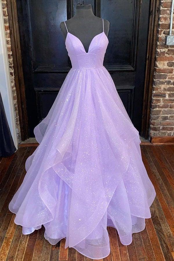 Vestido de festa princesa com decote em V, corte A, cor lavanda, em camadas, tule brilhante, PSK270