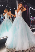 Robe de bal longue à ligne A, col en V, en tulle et dentelle florale, robe formelle PSK347