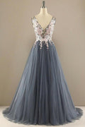 Abito da Sera PSK323 Scollato a V con Tulle e Pizzo Floreale a Linea A