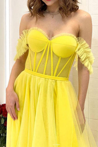 A-line Off The Shoulder Yellow Long Prom Dress Evening Dress PSK294