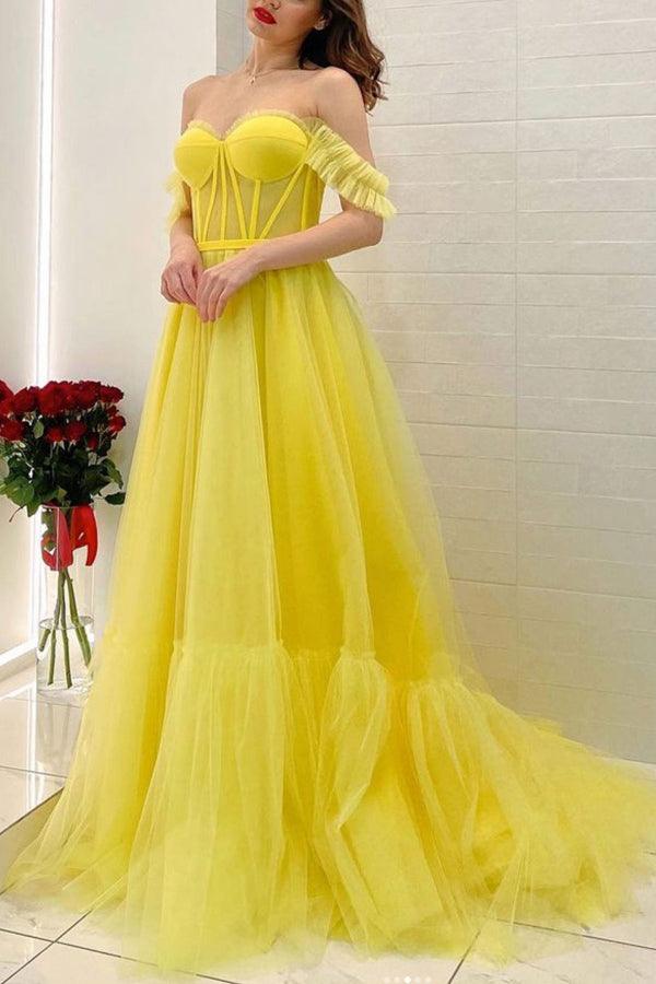 Vestido de festa comprido amarelo com decote em A e ombro descoberto PSK294