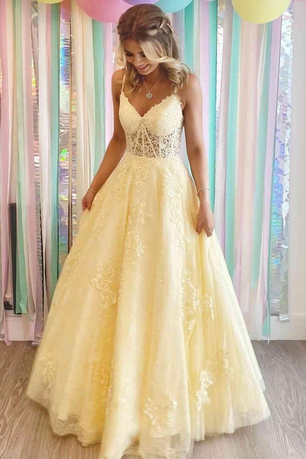Vestido de festa comprido amarelo com decote em V e aplicações, corte A, PSK318