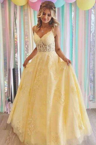 A-line V-Neck Appliques Yellow Long Prom Dress Formal Dress PSK318