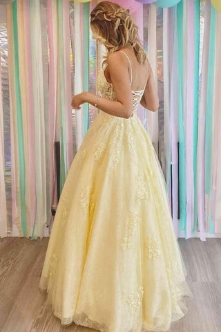 A-line V-Neck Appliques Yellow Long Prom Dress Formal Dress PSK318