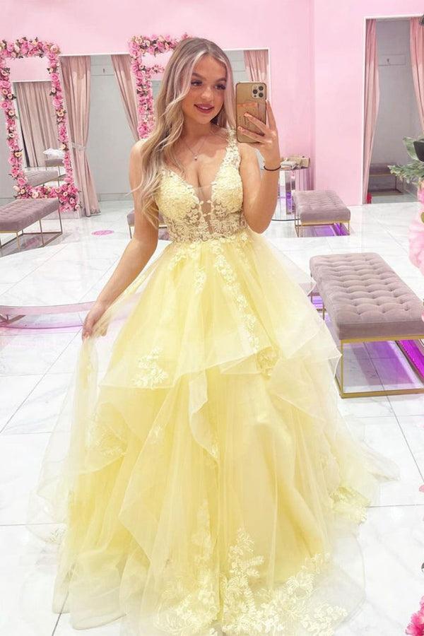 Vestido de festa comprido em tule amarelo com decote em V e corte A PSK284