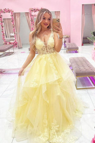 A-line V Neck Tulle Yellow Long Prom Dress Evening Dress PSK284