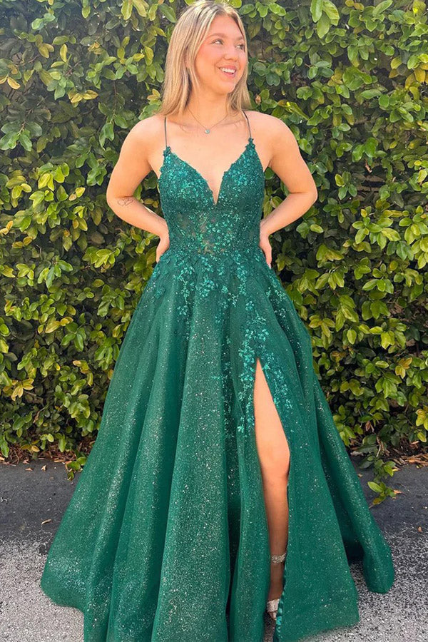 A-line V-neck Lace Appliques Dark Green Long Prom Dress PSK634