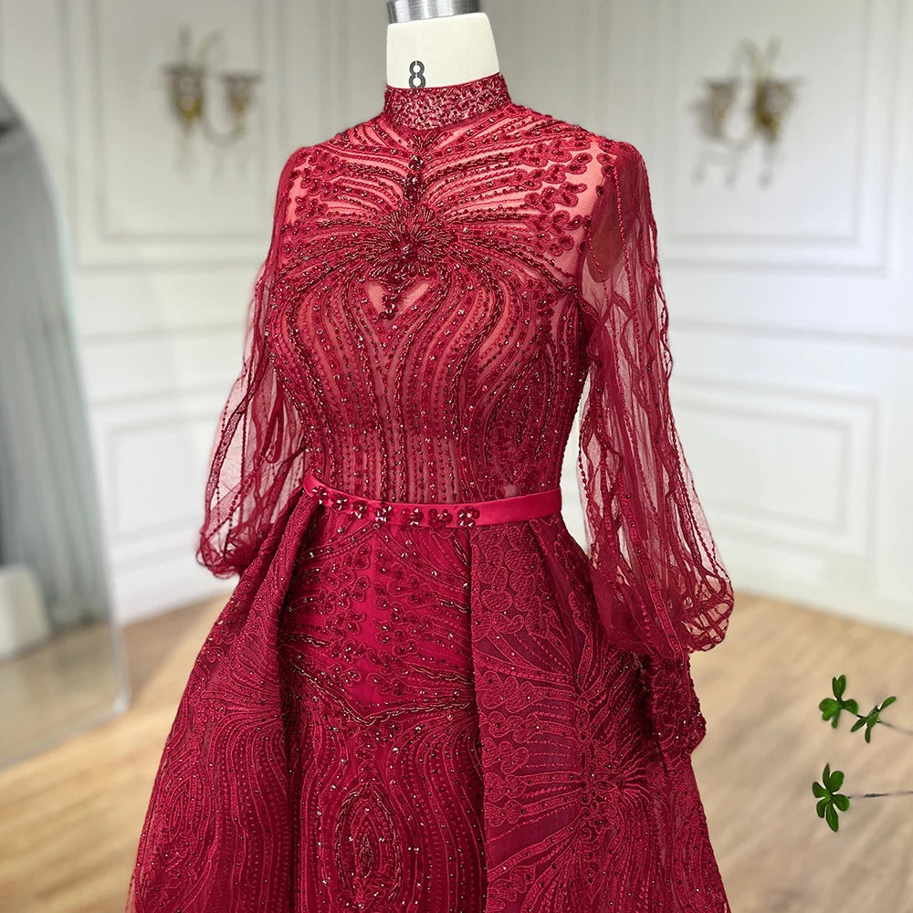 Serene Hill Customized Wine Red Long Sleeves Overskirt Evening Dresses 2024 Muslim Party Gowns For Women Plus Size DLA71248