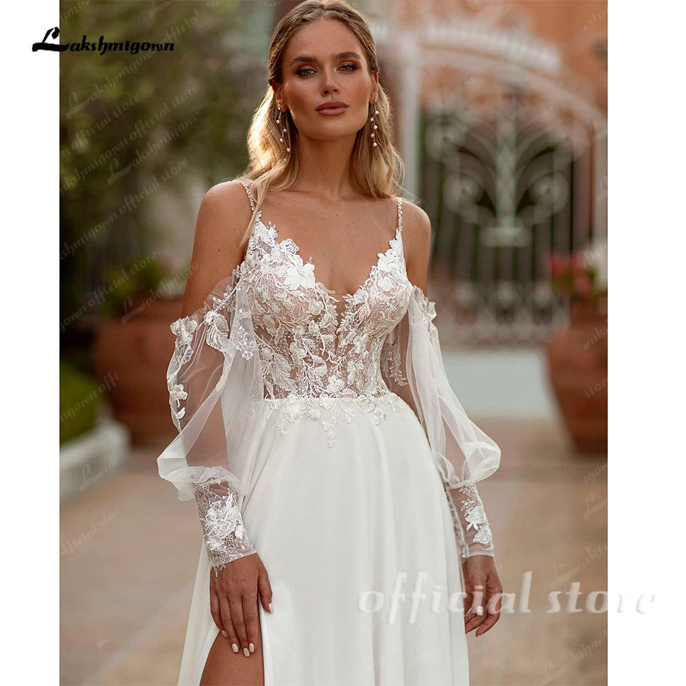 Lakshmigown Spaghetti Strap Chiffon Wedding Dresses for Bride A Line Boho Beach Bridal Dresses with Puff Sleeves Customized