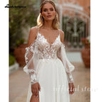 Lakshmigown Spaghetti Strap Chiffon Wedding Dresses for Bride A Line Boho Beach Bridal Dresses with Puff Sleeves Customized