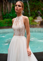 Lakshmigown High Neck Wedding Gown with Removable Sleeves Tulle Slit Wedding Dress Bridal Dress for Wedding Events Customized