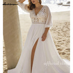 Lakshmigown Chiffon Wedding Dresses Plus Size V Neck 3/4 Sleeves Bride Gowns Appliques Floor Length A-Line Vestido Customized